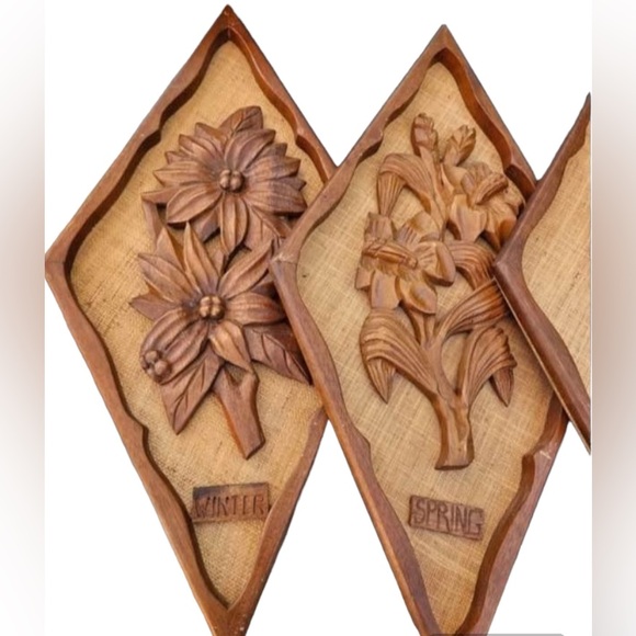 Vintage Four Seasons Carved Wood Plaques - Picture 2 of 4